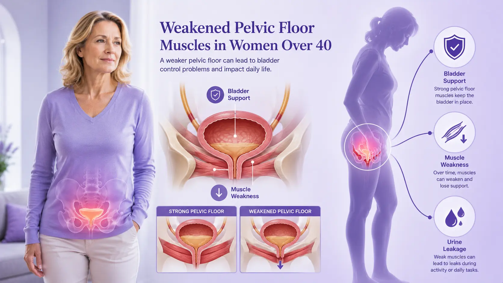 Weak pelvic floor muscles and bladder leaks in women over 40